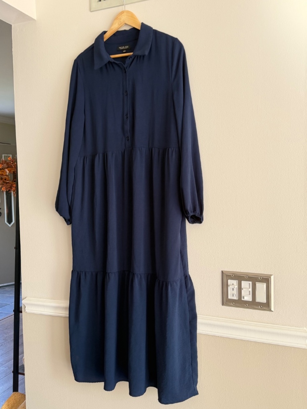 Rachel Zoe Midi Dress Tiered Skirt Navy Blue Long Sleeve Button Bodice Relaxed - Picture 8 of 16